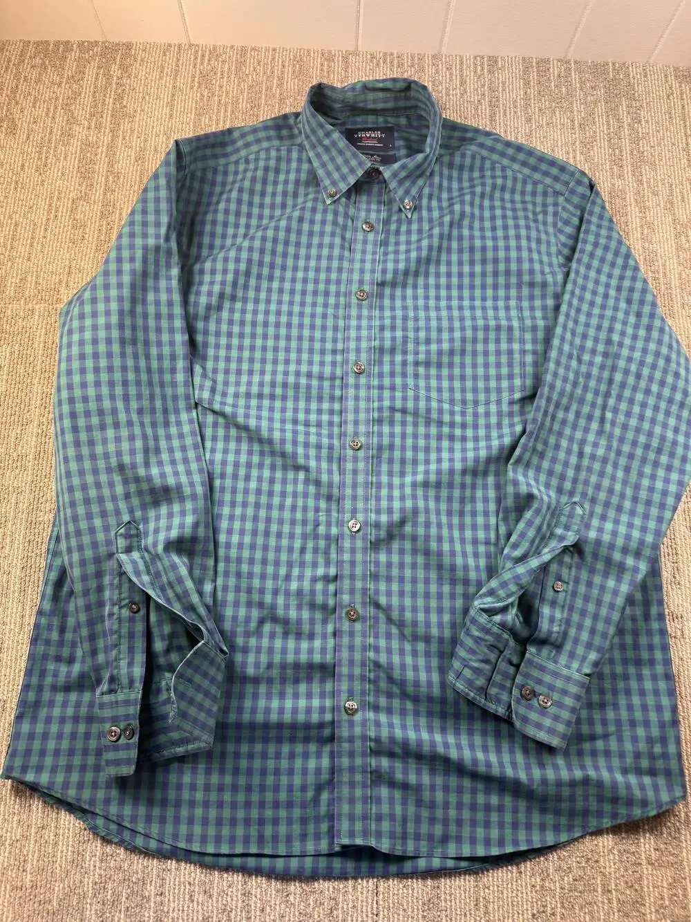 Charles Tyrwhitt Shirt Mens Large Green Check Long Sleeve Button Down Non-Iron